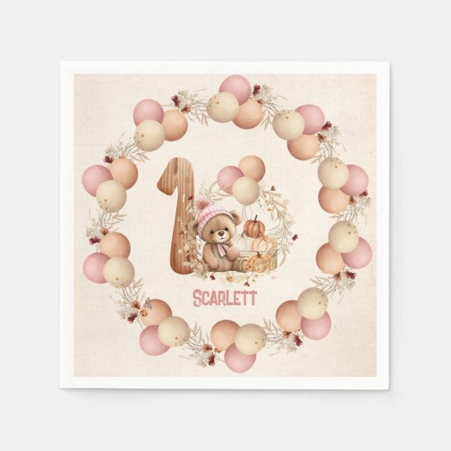 Bear Fall Beary 1st Birthday Girl Paper Napkins (Front)