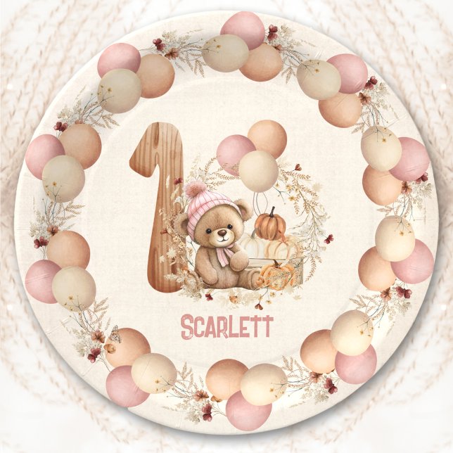 Bear Fall Beary 1st Birthday Girl Paper Plates (Bear Fall Beary 1st Birthday Girl Paper Plates)