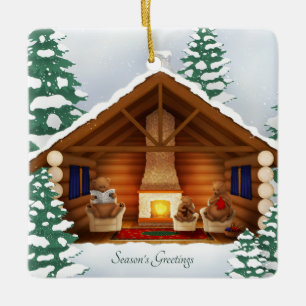 Bear Family At Home Cosy Log Cabin Personalised Ceramic Ornament