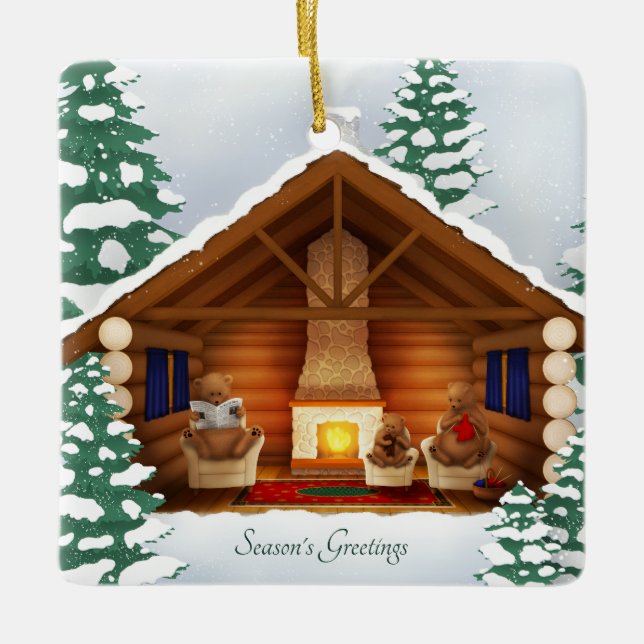 Bear Family At Home Cosy Log Cabin Personalised Ceramic Ornament (Front)