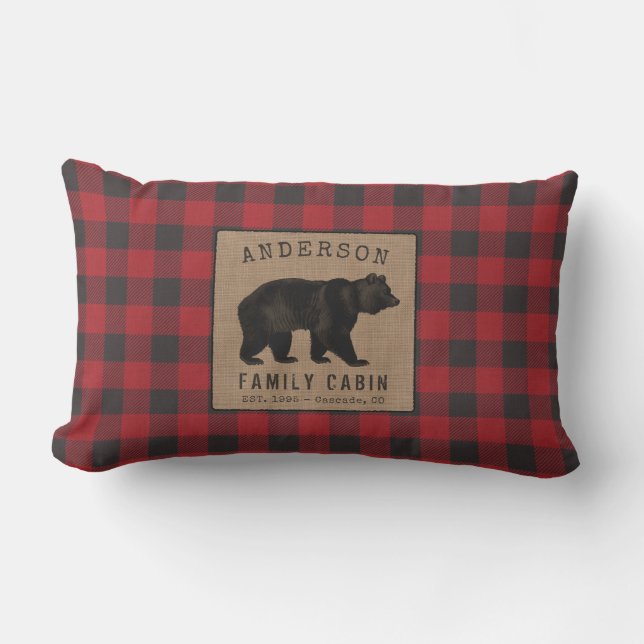 Bear Family Cabin Red Buffalo Plaid Burlap Outdoor Lumbar Cushion (Front)