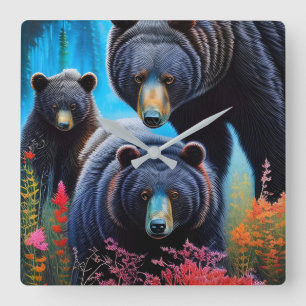 Bear family collage square wall clock