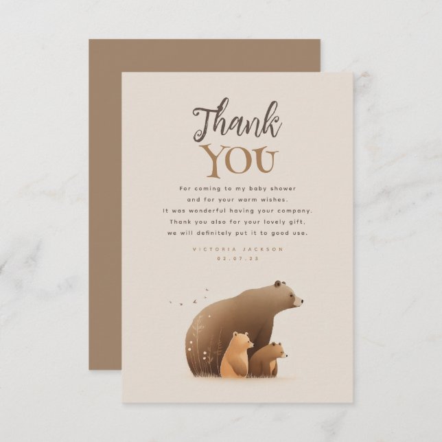 Bear Family Elegant Brown Baby Shower Thank You (Front/Back)