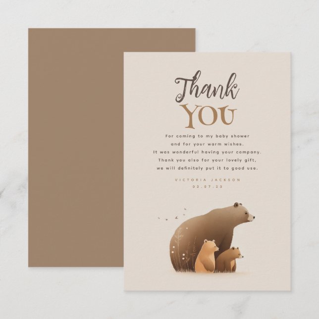 Bear Family Elegant Brown Baby Shower Thank You Card (Front/Back)