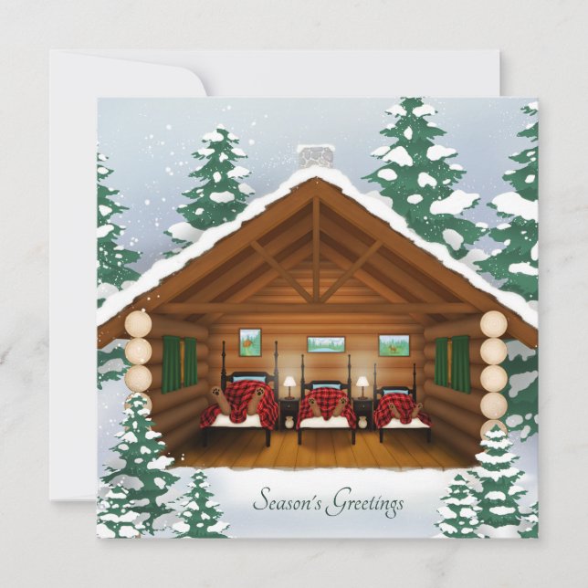 Bear Family in Cosy Log Cabin Holiday Card (Front)