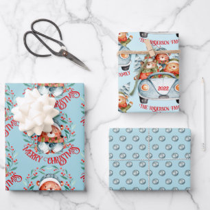 Bear family Merry Christmas blue red Wrapping Paper Sheet