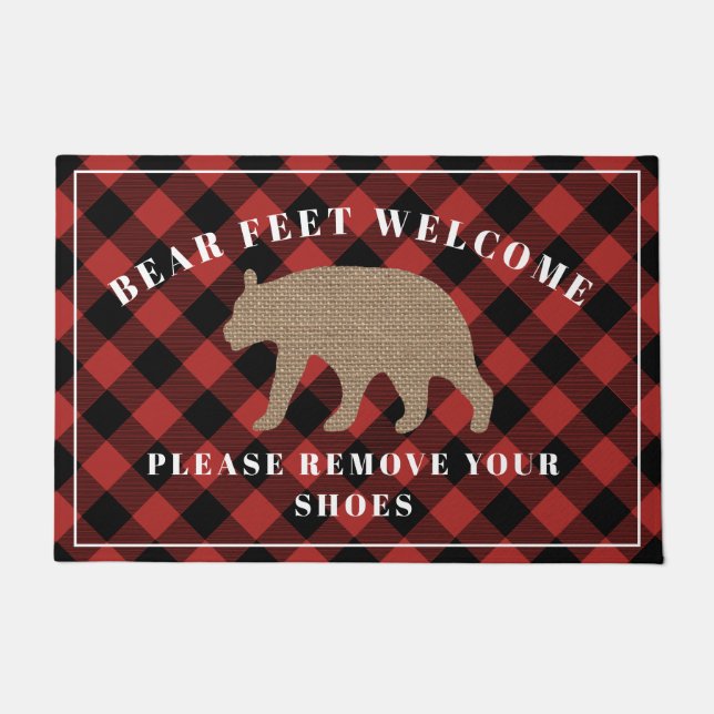Bear Feet Welcome Remove Shoes Buffalo Plaid Doormat (Front)