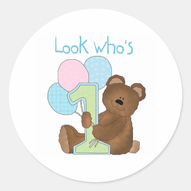Bear First Birthday Blue Classic Round Sticker (Front)