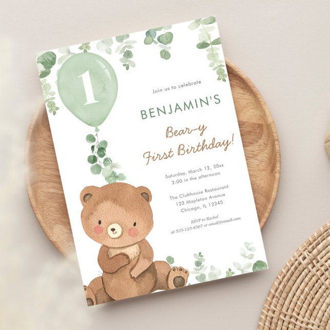 Bear first birthday greenery balloons green brown invitation (Creator Uploaded)