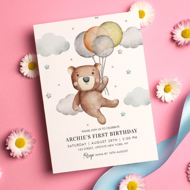 Bear First Birthday Invitation Balloon Cute  (Baby Bear Teddy 1st Birthday Invitation Simple Cute and Modern Template )
