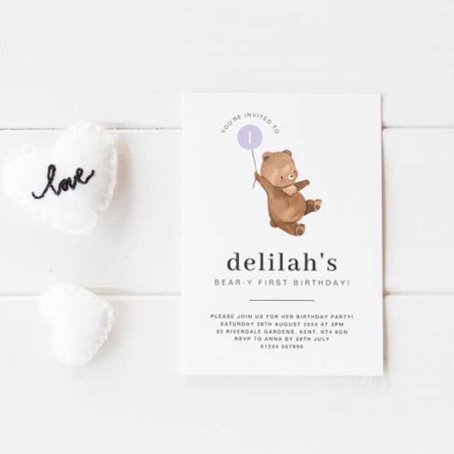 Bear First Birthday Invitation Purple Balloon (Creator Uploaded)