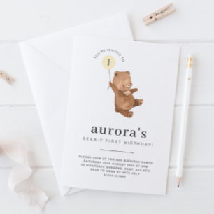 Bear First Birthday Invitation Yellow Balloon