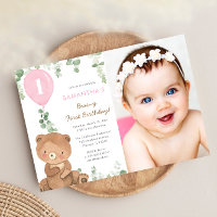 Bear first birthday pink greenery girl balloons