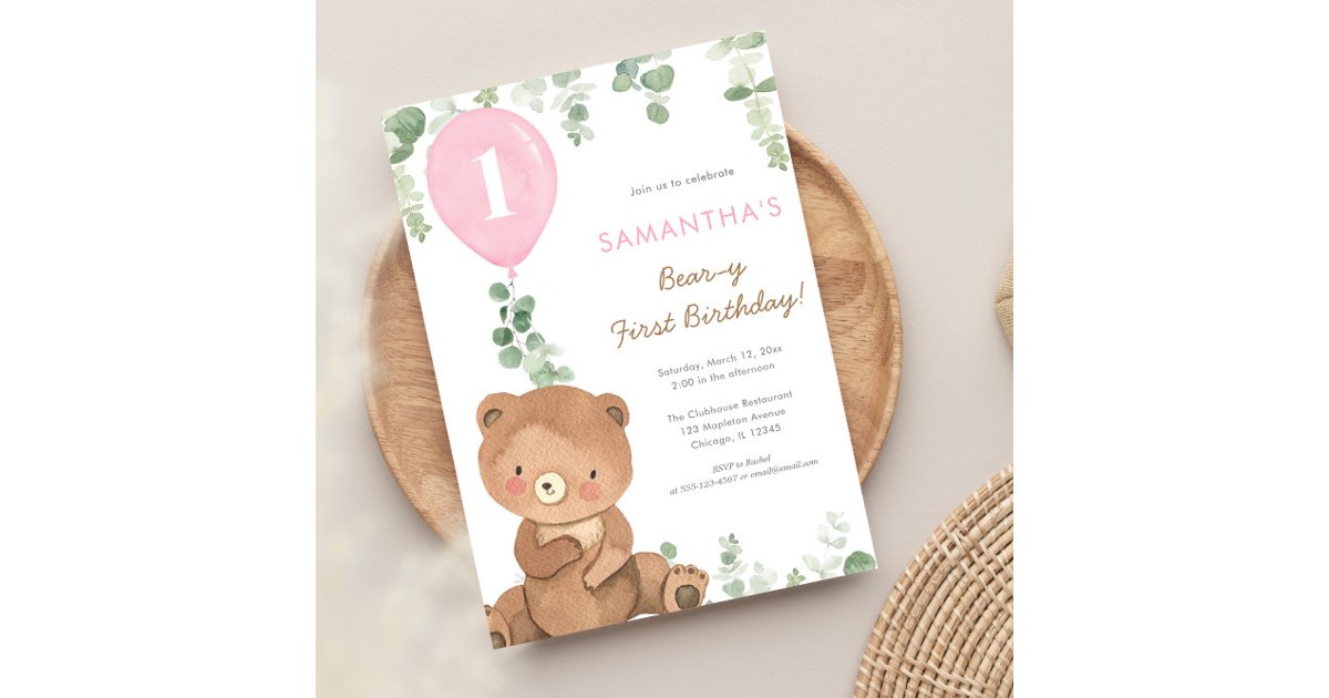 Bear first birthday pink greenery girl balloons invitation | Zazzle