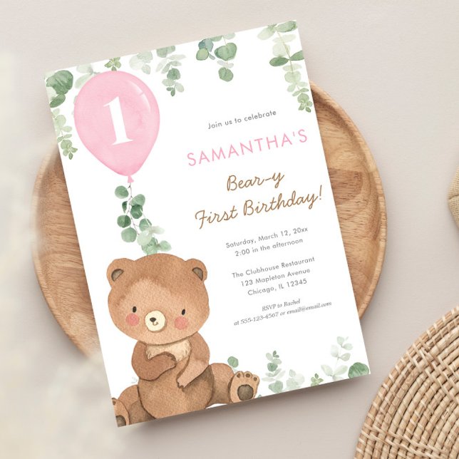 Bear first birthday pink greenery girl balloons invitation (Creator Uploaded)