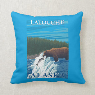 Bear Fishing in River - Latouche, Alaska Cushion