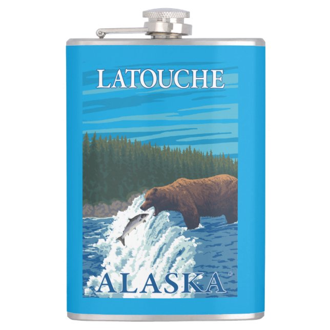 Bear Fishing in River - Latouche, Alaska Hip Flask (Front)
