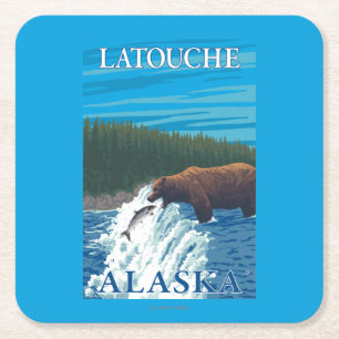 Bear Fishing in River - Latouche, Alaska Square Paper Coaster