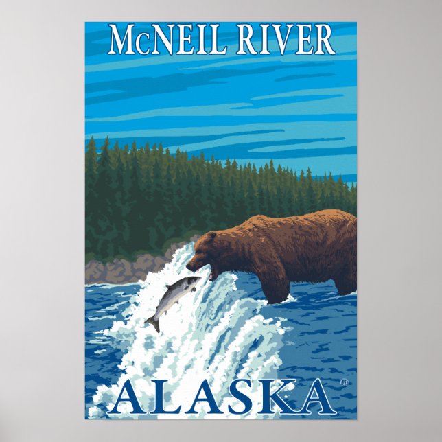 Bear Fishing in River - McNeil River, Alaska Poster (Front)