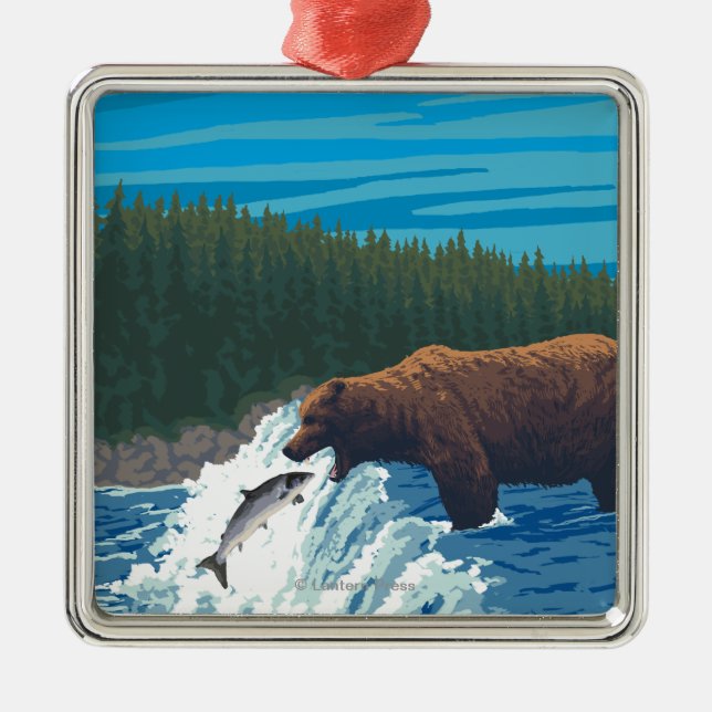 Bear Fishing in River - Montana Metal Tree Decoration (Front)