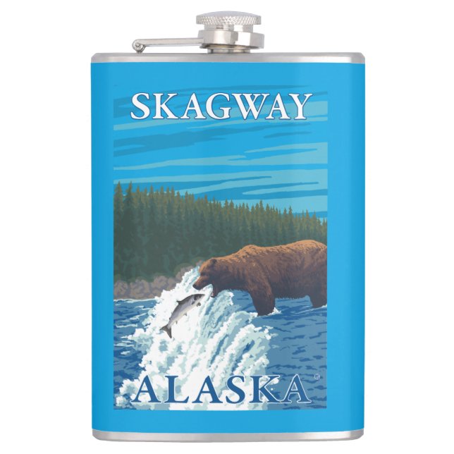 Bear Fishing in River - Skagway, Alaska Hip Flask (Front)