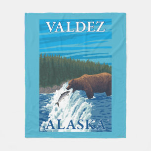 Bear Fishing in River - Valdez, Alaska Fleece Blanket
