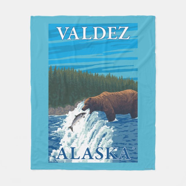 Bear Fishing in River - Valdez, Alaska Fleece Blanket (Front)