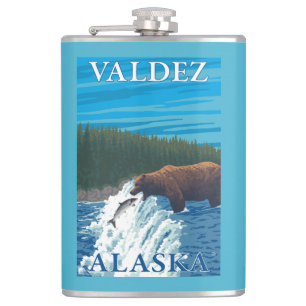 Bear Fishing in River - Valdez, Alaska Hip Flask