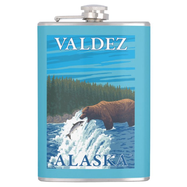 Bear Fishing in River - Valdez, Alaska Hip Flask (Front)