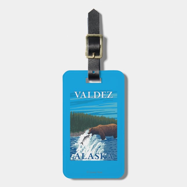 Bear Fishing in River - Valdez, Alaska Luggage Tag (Front Vertical)