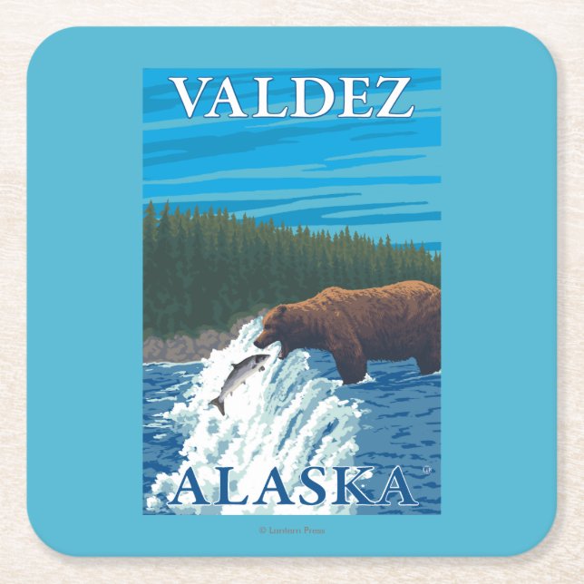 Bear Fishing in River - Valdez, Alaska Square Paper Coaster (Front)