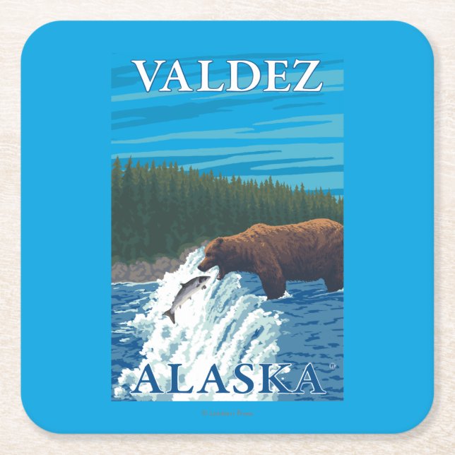 Bear Fishing in River - Valdez, Alaska Square Paper Coaster (Front)