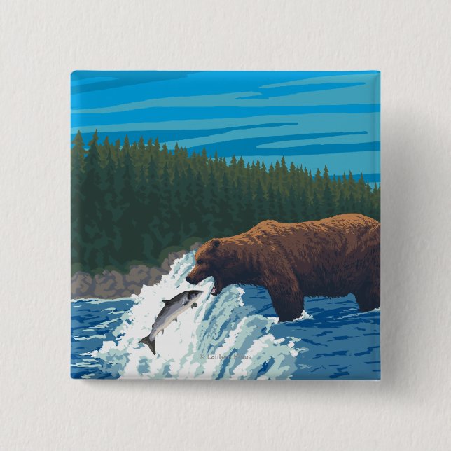 Bear Fishing in River - Wyoming 15 Cm Square Badge (Front)