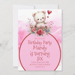 Bear Floral Watercolor Red Birthday Invitation