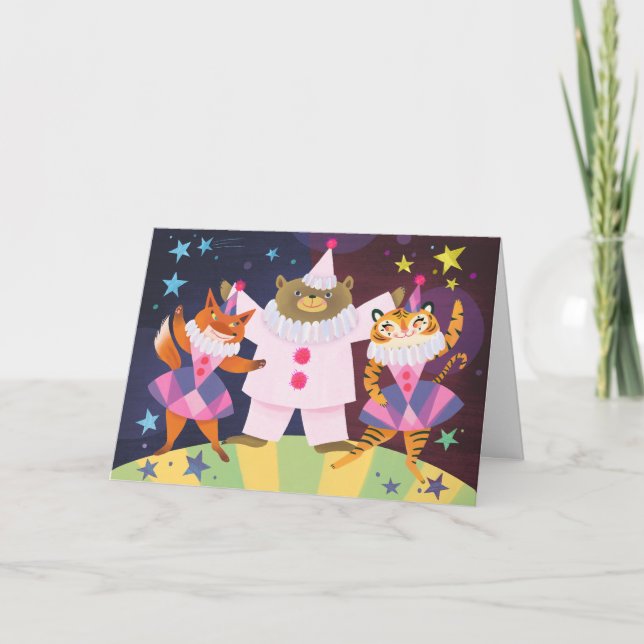 Bear, Fox and Tiger Pierrot Clown Birthday Card (Front)