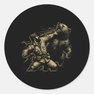 Bear Funny Man Punching Bear Retro Vintage Hunting Classic Round Sticker