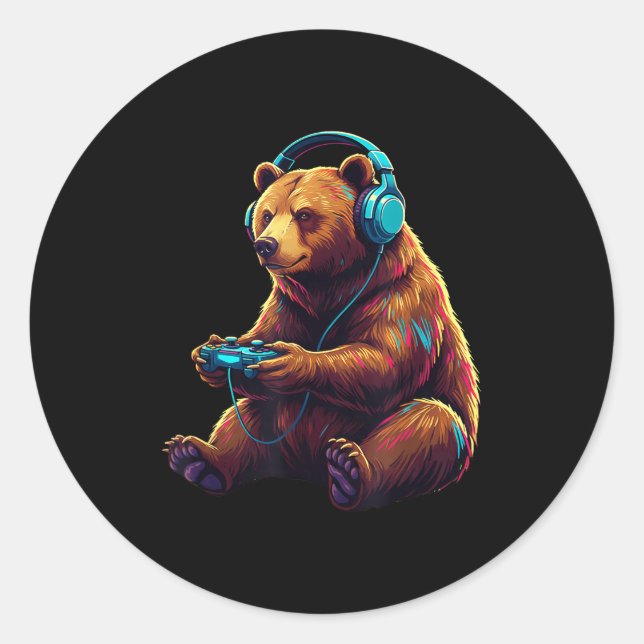 Bear Gaming Animal Video Games Funny Bear  Classic Round Sticker (Front)
