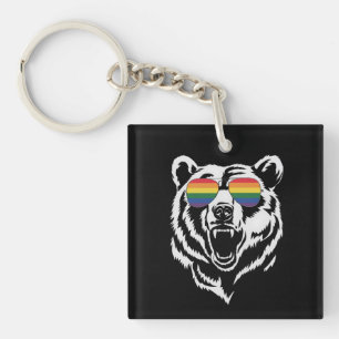 Bear Gay LGBTQ Rainbow Sunglasses Pride Flag Key Ring