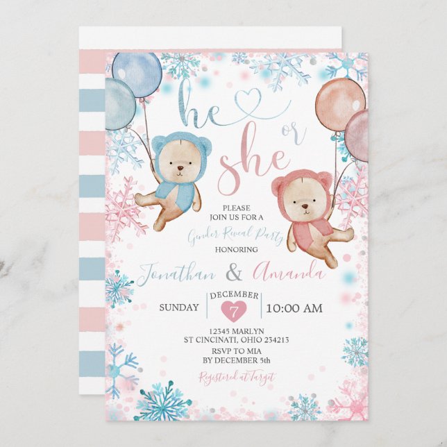 Bear Gender Reveal He or She Winter Snowflake Invitation (Front/Back)