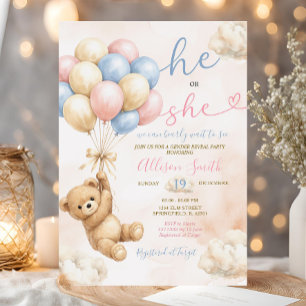 Bear Gender Reveal Pink and Blue Balloon Invitation