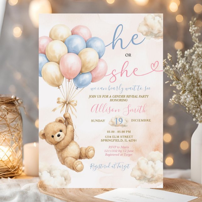 Bear Gender Reveal Pink and Blue Balloon Invitation (Creator Uploaded)