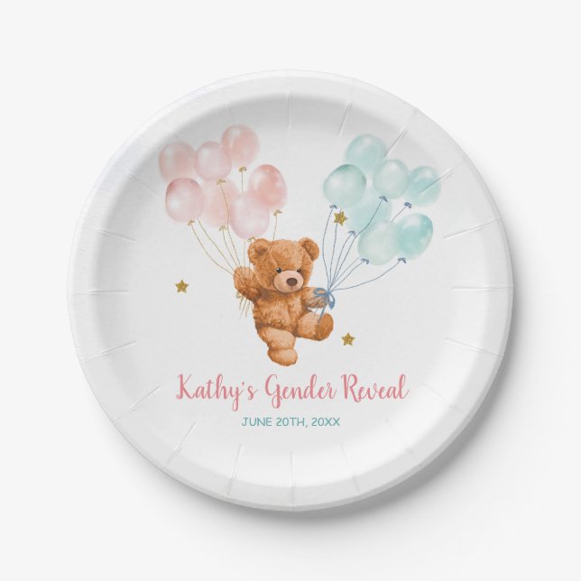 Bear Gender Reveal Pink and Blue Balloon Paper Plate (Front)