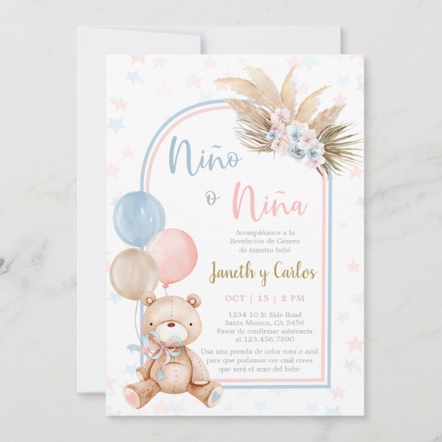 Bear Gender Reveal Spanish Baby Shower Invitation (Front)