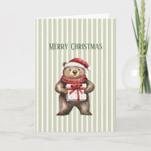 Bear Gift Hat Green White Stripes Christmas Card
