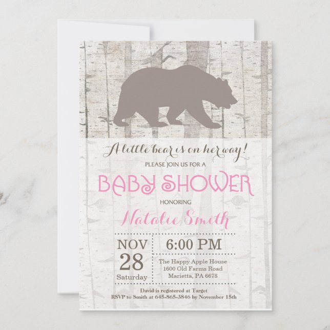 Bear Girl Baby Shower Invitation Rustic Woodland (Front)