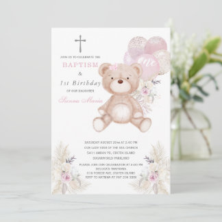 Bear Girl First Birthday and Baptism Invitation