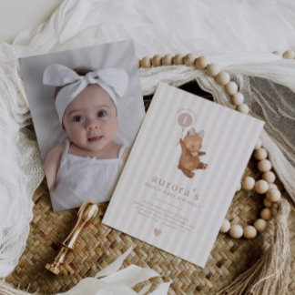 Bear Girls First Birthday Pink Balloon Photo Invitation