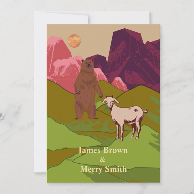Bear Goat Pink Mountains Gold Moon Wedding Invitation (Front)