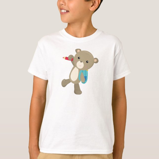 Bear Going To School, Cute Bear, Backpack, Pencil T-Shirt (Front)