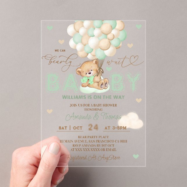 Bear Green Balloons Baby Shower Acrylic Invitations (Insitu (Handheld))